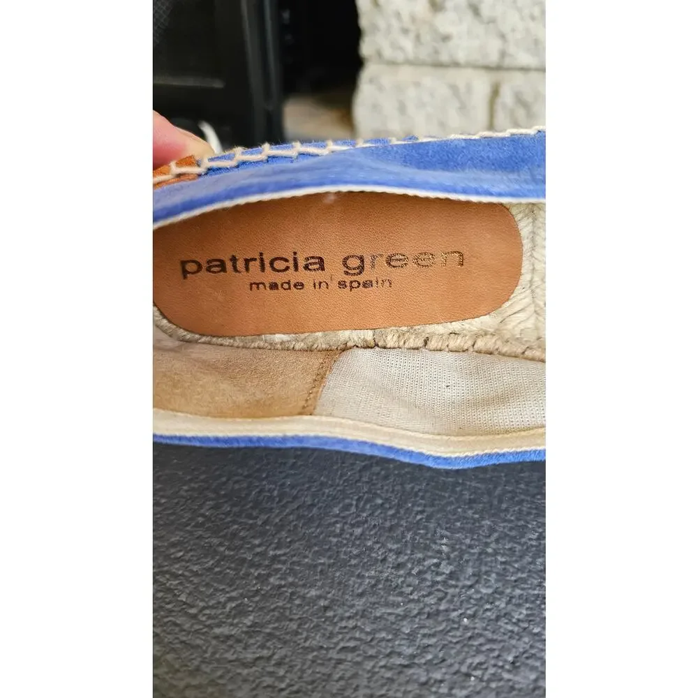 Patricia Green Espadrille Flats, Ashley,  Peep Toe,  Blue Suede, New, Sz 5.5